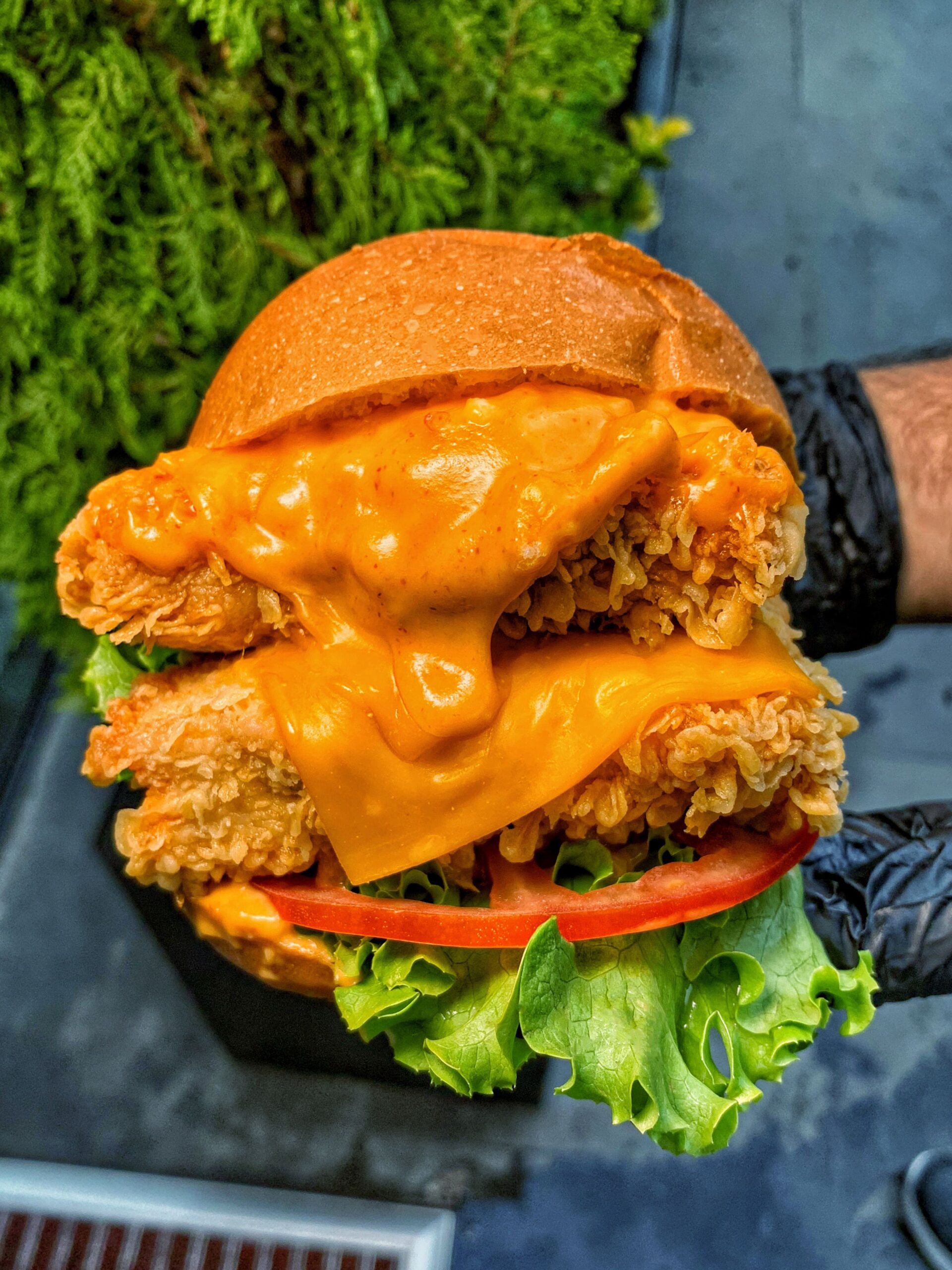 pexels photo 8183569 8183569 Close-up of a delicious cheesy chicken sandwich with fresh lettuce and tomato, perfect for a fast food meal.